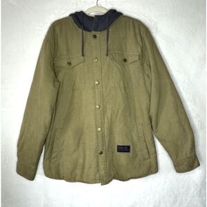 Canvas Chore Coat Olive Sherpa Lined Hooded Barn Jacket Elbow Patches Rugged L